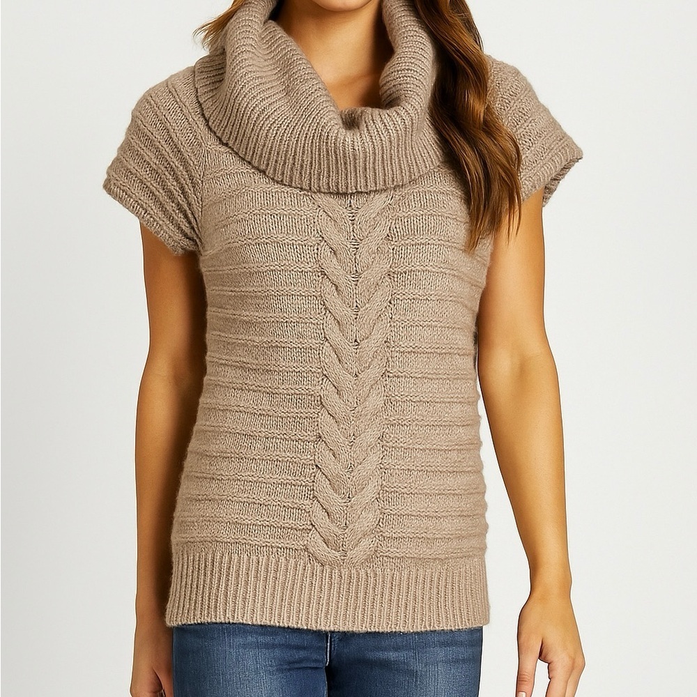 Elena Solano Tan Braided Cowl Neck Wool Blend Sweater XL Short Sleeve Tunic